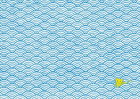 KI_SB00_吉祥文様青海波と猫ブルー 和柄,青海波,猫,和風背景,手描きのイラスト素材