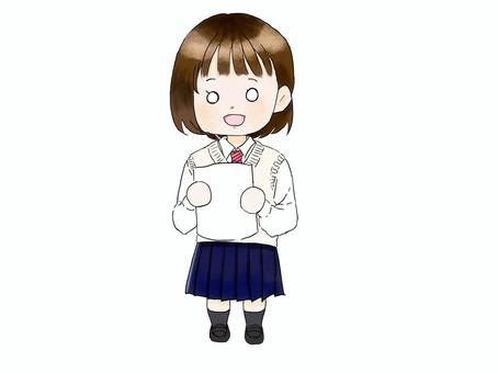 プリントを持つ女の子 女子高生,中学生,女の子,優等生,全身,提出,プリント,立つのイラスト素材