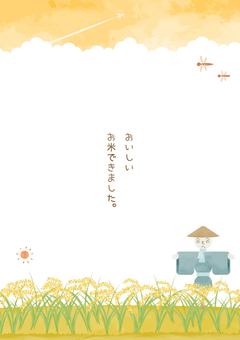 お米が実ったのどかな田んぼの風景イラスト 田んぼ,稲穂,秋,背景,植物,お米,食べ物,自然,カカシ,トンボのイラスト素材
