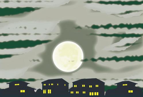 夜住宅地　 夜,満月,空,住宅地,民家,町中,建物,屋根,窓,風景のイラスト素材