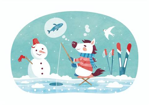 ワカサギ釣りをする馬（午）_水彩_1 釣り,ワカサギ釣り,馬,午,午年,冬,年賀状,寒中見舞い,1月,正月のイラスト素材