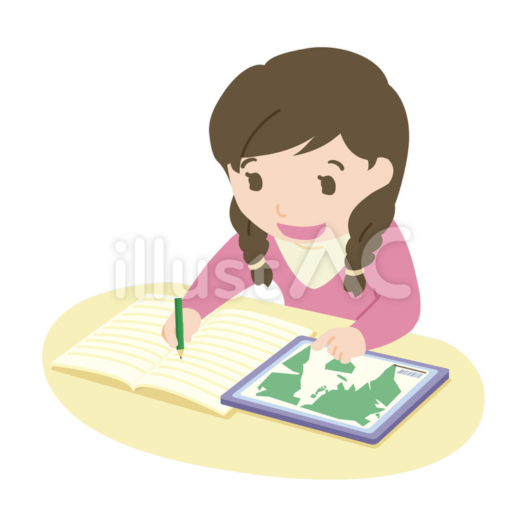 ネットで調べ学習をする女の子（線アリ） タブレット学習,自宅学習,ネット学習のイラスト素材