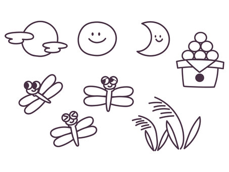 秋のイラストセット 満月,月,お月見,すすき,赤とんぼ,塗り絵,月見団子,秋,中秋の名月,おたよりのイラスト素材