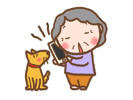 スマホを持つおばあさん おばあさん,老人,スマホ,電話,人,女性,かわいい,萌え,犬,動物のイラスト素材