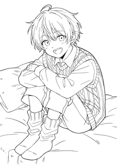 ベッドの上に座る少年 人物,塗り絵,ぬり絵,ぬりえ,線画,白黒,手書き,全体,男の子,男子のイラスト素材