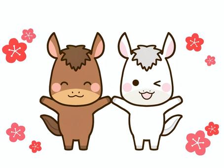 午年を喜ぶ二匹の仲良し馬 馬,午年,十二支,年賀状,2026,2026年,午,干支,新年,1月のイラスト素材