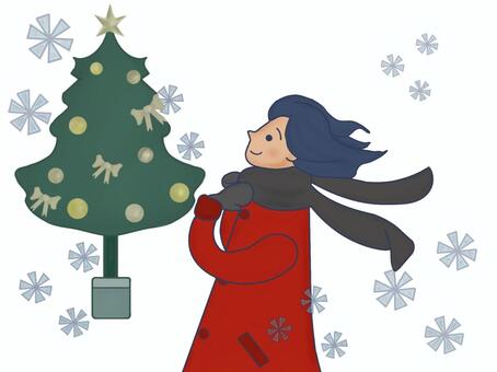 クリスマスの街を歩く女性1 クリスマス,シンプル,クリスマスイブ,女性,クリスマスツリー,12月,リボン,雪の結晶,もみの木,星のイラスト素材