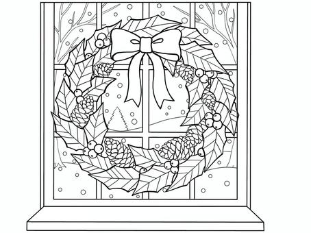 クリスマスリース クリスマス,まつぼっくり,ひいらぎ,リボン,雪,窓辺,線画,塗り絵,こども向け,可愛いのイラスト素材
