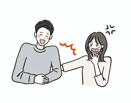 笑う男性に怒ってツッコミする女性 カップル,男女,笑う,怒る,つっこむ,叩く,つっこみ,ツッコミ,ムカつく,イラッのイラスト素材
