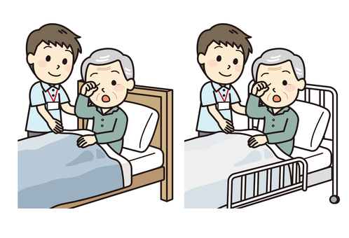 ベッドで介助する介護士 介護士,ベッド,おじいさん,シニア,介護,男性,病室,看護,看護師,病院のイラスト素材