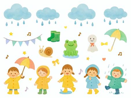 Illustration, rainy season, children, umbrella, 