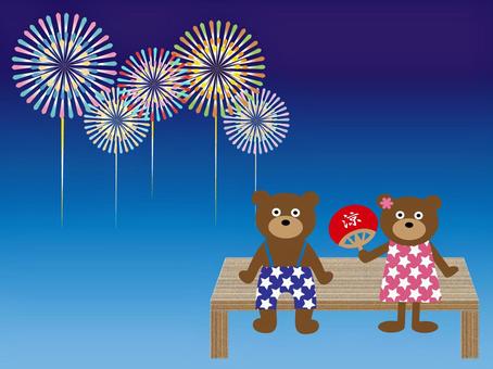 Illustration, summer, bear, fireworks, 