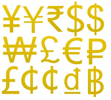 通貨記号(14種) 通貨,貨幣,金銭,バーツ,セント,センターボ,ドル,ドン,ユーロ,ポンドのイラスト素材