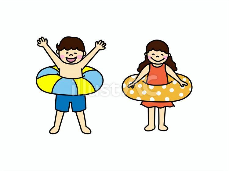 浮き輪を持った水着の子供達のイラスト 水泳,浮き輪,夏のイラスト素材