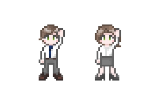 ドット絵の手をあげる会社員男女クールビズ ドット絵,ピクセル,手,上げる,片手,挙手,返事,はい,やる気,質問のイラスト素材