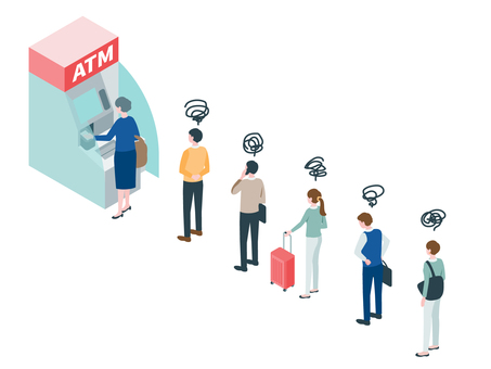 アイソメトリック_ATMの列 アイソメトリック,立体,アイソメ,斜め上,atm,銀行,機械,口座,振込,貯金のイラスト素材