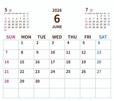 2026年シンプルカレンダー6月／卓上 2026年カレンダー,カレンダー,2026,令和8年,月間カレンダー,シンプル,透過,オリジナル,自作,かわいいのイラスト素材