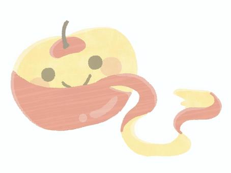 皮を剥いているリンゴ（顔あり） りんご,皮,むく,皮むき,赤色,顔,笑顔,擬人化,果物,手描きのイラスト素材