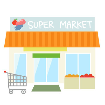 スーパーマーケットの建物(正面) スーパー,マーケット,スーパーマーケット,ストア,お店,ショップ,ショッピング,カート,果物,オープンのイラスト素材