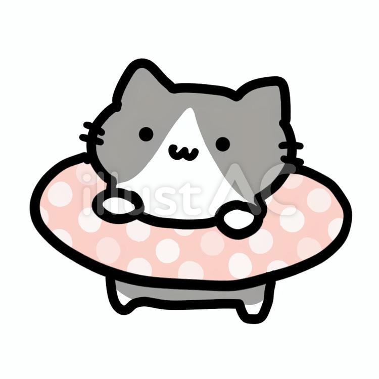 浮き輪をつけたハチワレ猫イラスト No 無料イラストなら イラストac