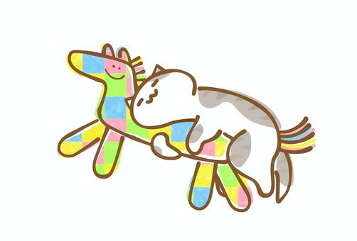 馬の抱き枕で寝る可愛いねこ　イラスト素材 馬,寝る,リラックス,猫,かわいい,ゆるい,手描き,カラフル,動物,シンプルのイラスト素材