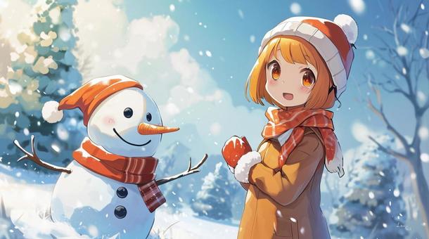 girl playing with snowman, , JPG