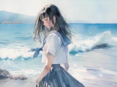 Watercolor painting of a girl in a sailor suit walking on the beach in summer, girl, sea, blue sky, JPG