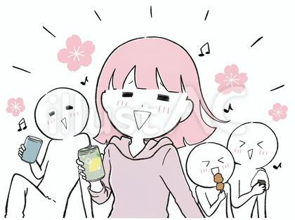 お花見を仲良くとっても楽しむ女(ピンク)