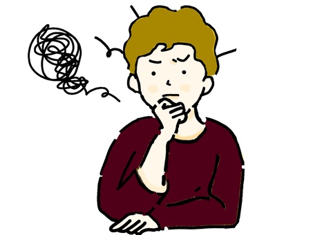 混乱して考え込む若い男性‐赤③ 混乱,考える,悩み,悩む,男性,困る,モヤモヤ,不安,不満,上半身のイラスト素材