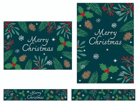 植物のクリスマスポスターセット 白 メリークリスマス,christmas,クリスマス,植物,ナチュラル,もみの葉,実,赤,ヒイラギ,ヤドリギのイラスト素材