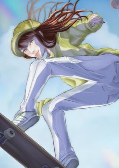 Illustration, female, skateboard, blue sky, 