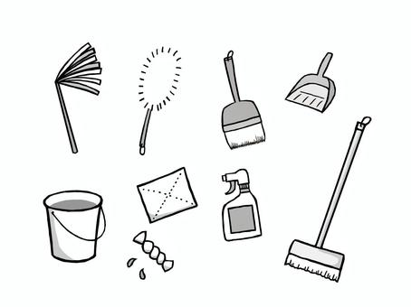 白黒の掃除用具セット 道具,掃除,ほうき,ちりとり,モップ,はたき,ブラシ,バケツ,雑巾,洗剤のイラスト素材
