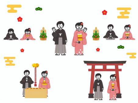 お正月の男女セット 人,正月,セット,年賀状,挨拶,鳥居,神社,初詣,お賽銭,お参りのイラスト素材