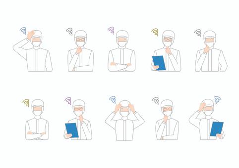 悩む食品工場の衛生白衣を着た男女セット 悩む,困る,人,白,食品白衣,食品衛生白衣,トラブル,作業服,ユニフォーム,食品工場のイラスト素材