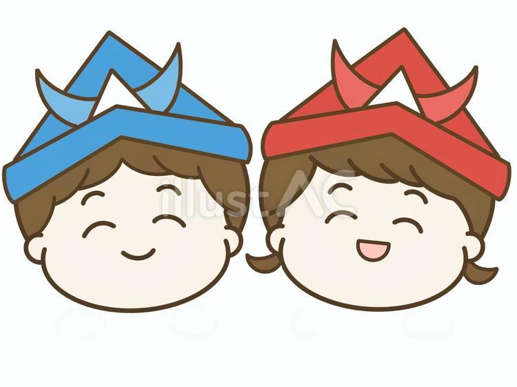 こどもの日に兜をかぶった男の子と女の子 こどもの日,カブト,端午の節句のイラスト素材