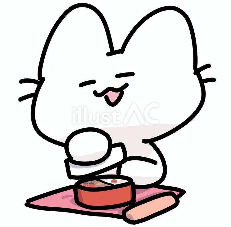 ゆるいネコがお弁当箱のフタを開ける かわいい,ゆるい,手描きのイラスト素材