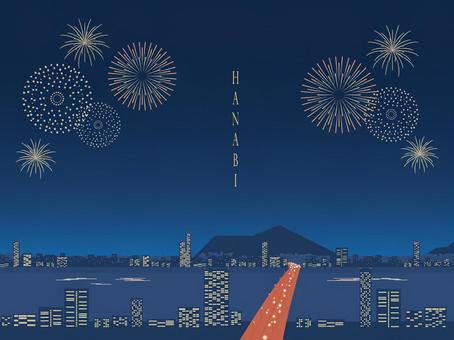 Illustration, fireworks, night view, street, 