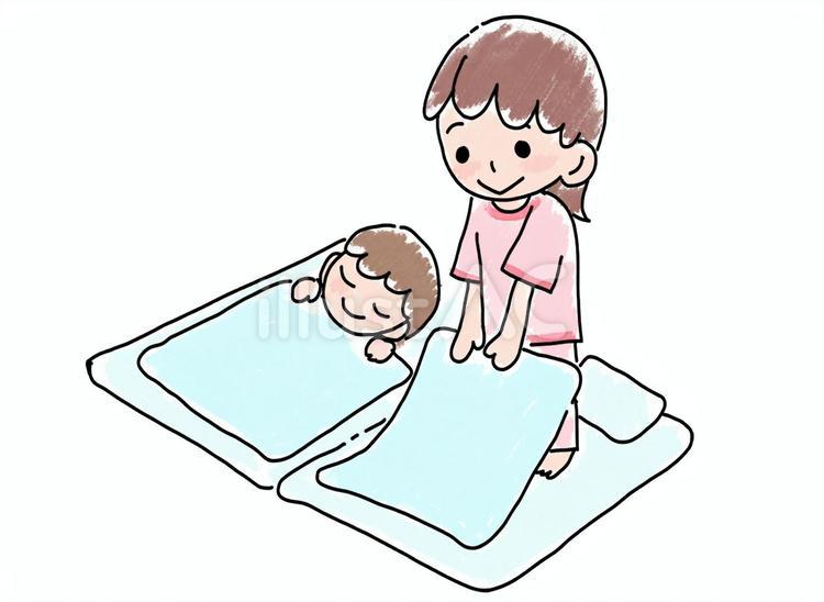 布団を敷いて寝ようとしている子ども 人物,子ども,幼児のイラスト素材
