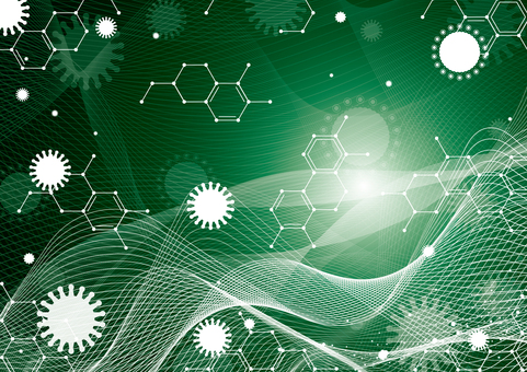 緑色の曲線とウイルスと化学構造式の背景 ウイルス,バクテリア,化学,構造式,幾何学,ライン,サイエンス,光,曲線,テクノロジーのイラスト素材