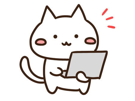 パソコンを持ってプレゼンするかわいい白猫 パソコン,プレゼン,ねこ,ノートパソコン,説明,発表,会議,セミナー,案内,itのイラスト素材