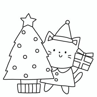 クリスマスツリーと猫 クリスマス,ツリー,猫,動物,サンタ,帽子,冬,プレゼント,モノトーン,塗り絵のイラスト素材