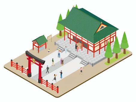 街並みシリーズ 神社（初詣） 神社,本殿,鳥居,手水舎,建造物,初詣,参拝,男性,袴,自撮りのイラスト素材