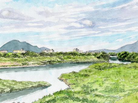 草木が茂る夏の佐波川 風景画,風景,水彩画,スケッチ,ペンスケッチ,佐波川,防府市,山口県,草,夏のイラスト素材