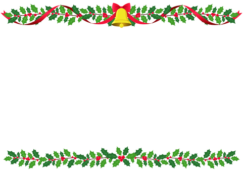 ヒイラギ飾り枠 クリスマス,ヒイラギ,飾り枠,フレーム,ベル,リボン,赤,冬,上下,チラシのイラスト素材