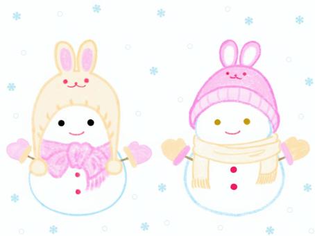 Crayon style rabbit snowman, snowman, winter, snow, JPG and PNG