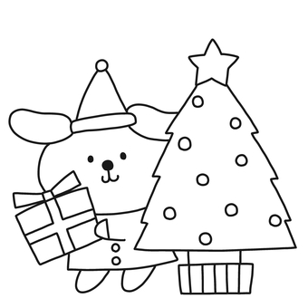 クリスマスツリーと犬 クリスマス,ツリー,犬,動物,プレゼント,サンタ,帽子,冬,モノトーン,塗り絵のイラスト素材