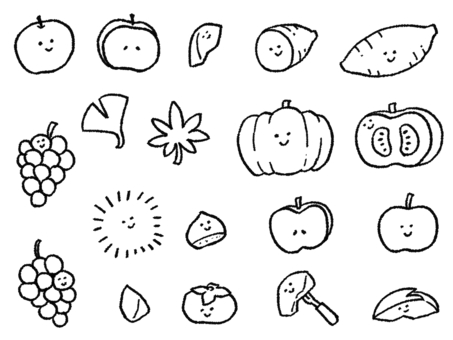 かわいい秋の野菜と果物_線画 梨,サツマイモ,かぼちゃ,ブドウ,マスカット,栗,リンゴ,柿,イチョウ,モミジのイラスト素材