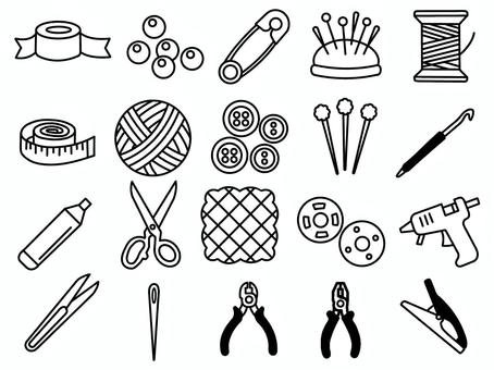 手芸用品アイコン 線画,白黒,アイコン,趣味,道具,複数,手芸,リボン,ビーズ,安全ピンのイラスト素材