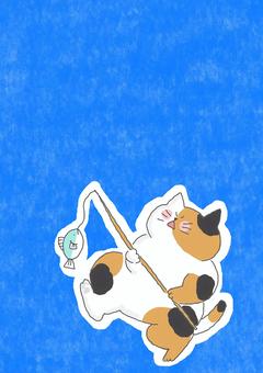 釣りをする三毛猫ちゃん かわいい,釣り,釣れる,釣れた,収穫,魚,たべもの,びっくり,衝撃,おどろくのイラスト素材