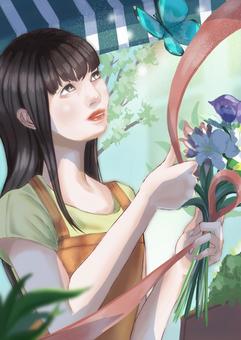 花屋の女性 女性,花,リボン,蝶々,花屋のイラスト素材